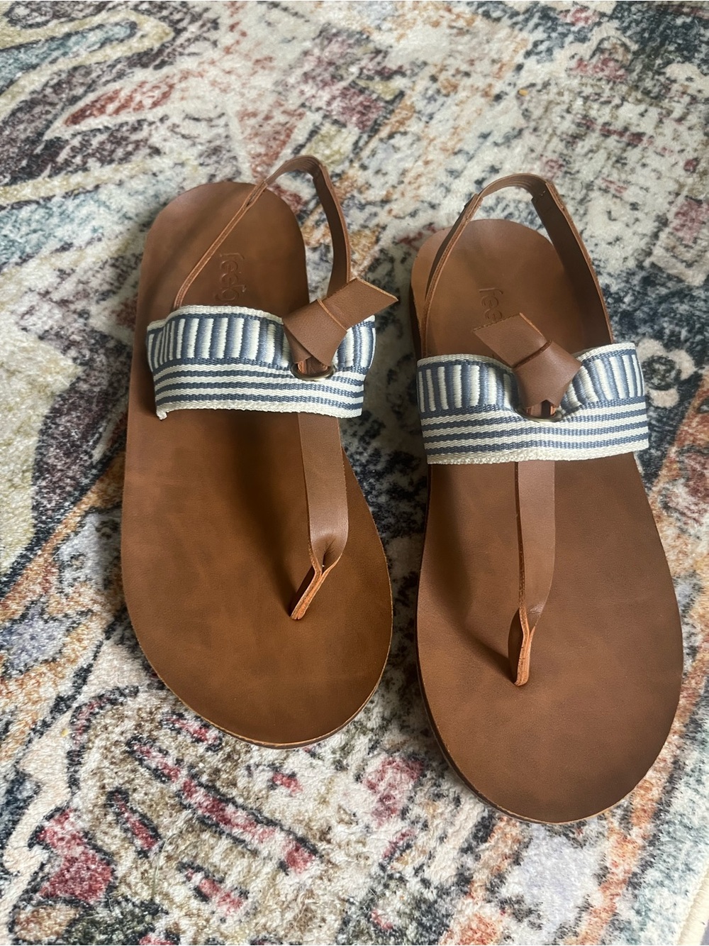 NWOT Women’s Leather Toe-Post Sandals Blue-White Striped Band Feelgoodz Zensole